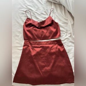 Satin rusty colored tank top and mini skirt set